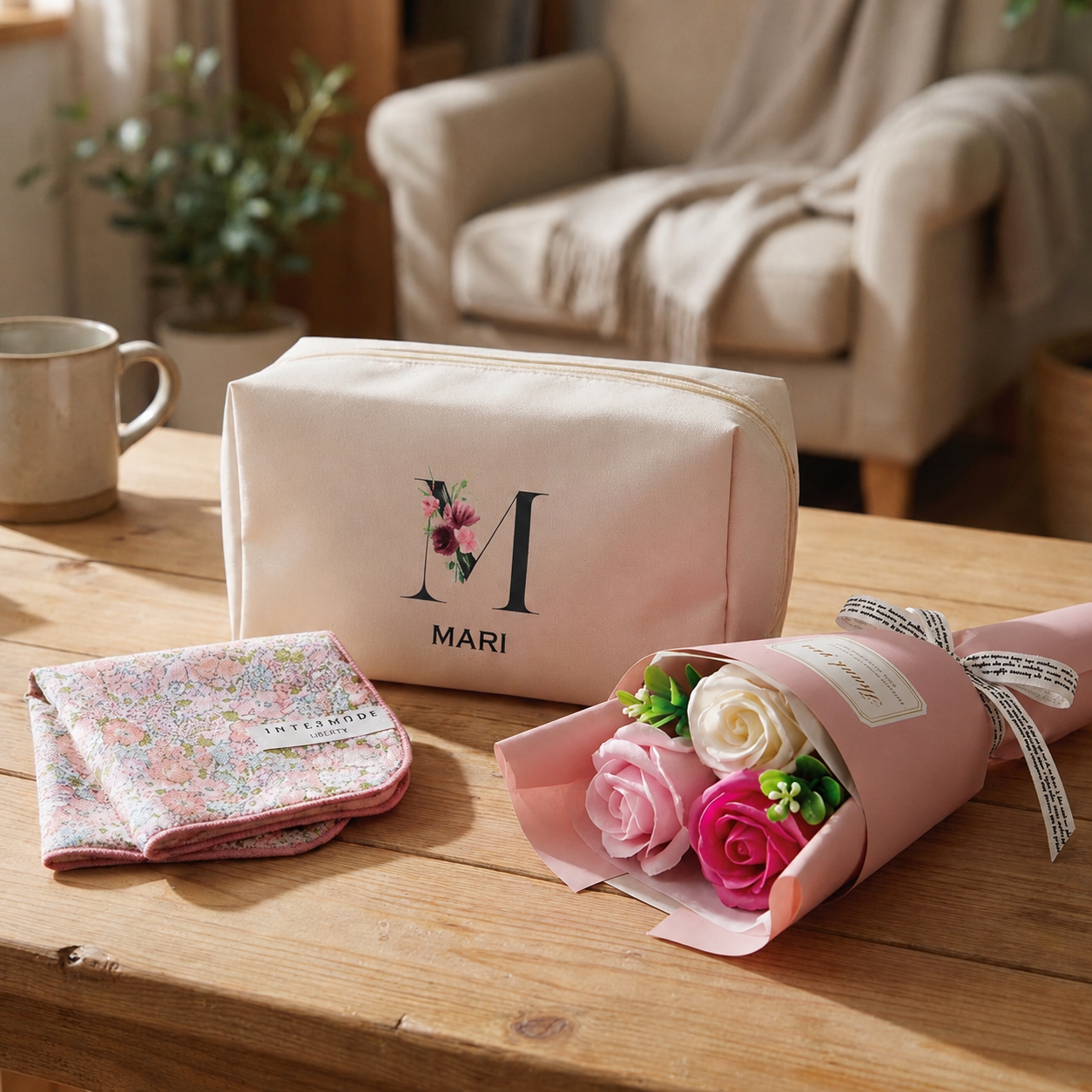 イニシャルポーチ ＆ ハンカチタオル フラワー３点セット
